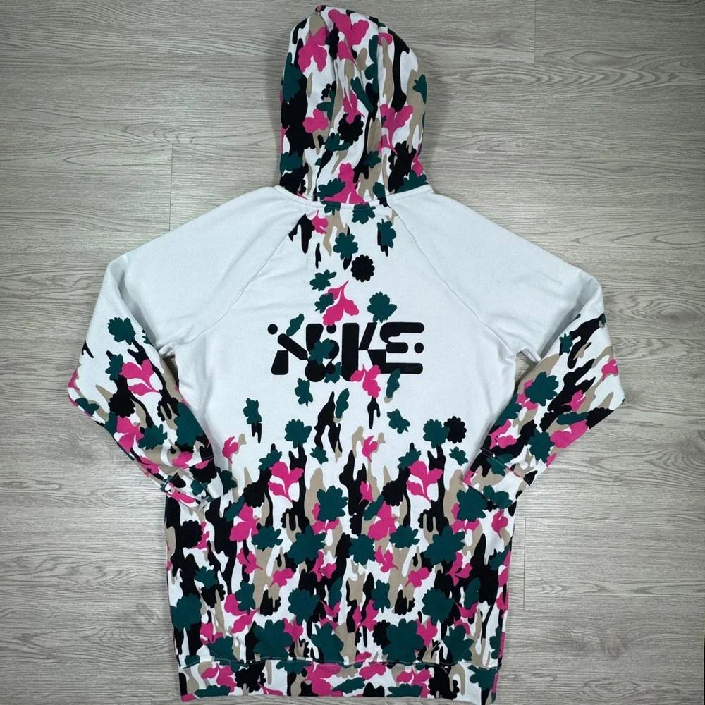 Nike Women's Hoodie Floral Camo Pullover White Pink Green Medium Fleece Graphic